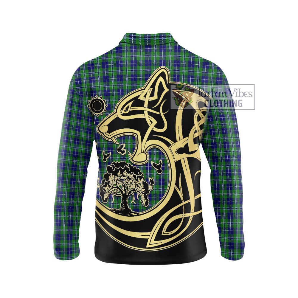 Douglas Tartan Long Sleeve Polo Shirt with Family Crest Celtic Wolf Style - Tartanvibesclothing Shop