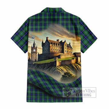 Tartan Vibes Clothing Douglas Tartan Family Crest Short Sleeve Button Shirt with Scottish Ancient Castle Style