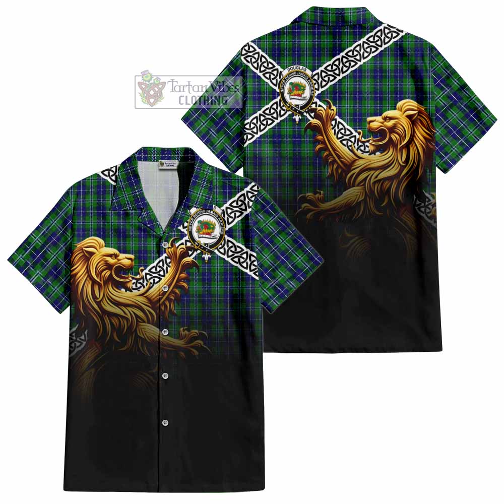 Tartan Vibes Clothing Douglas Crest Tartan Short Sleeve Button Shirt with Golden Lion Emblem Celtic Style