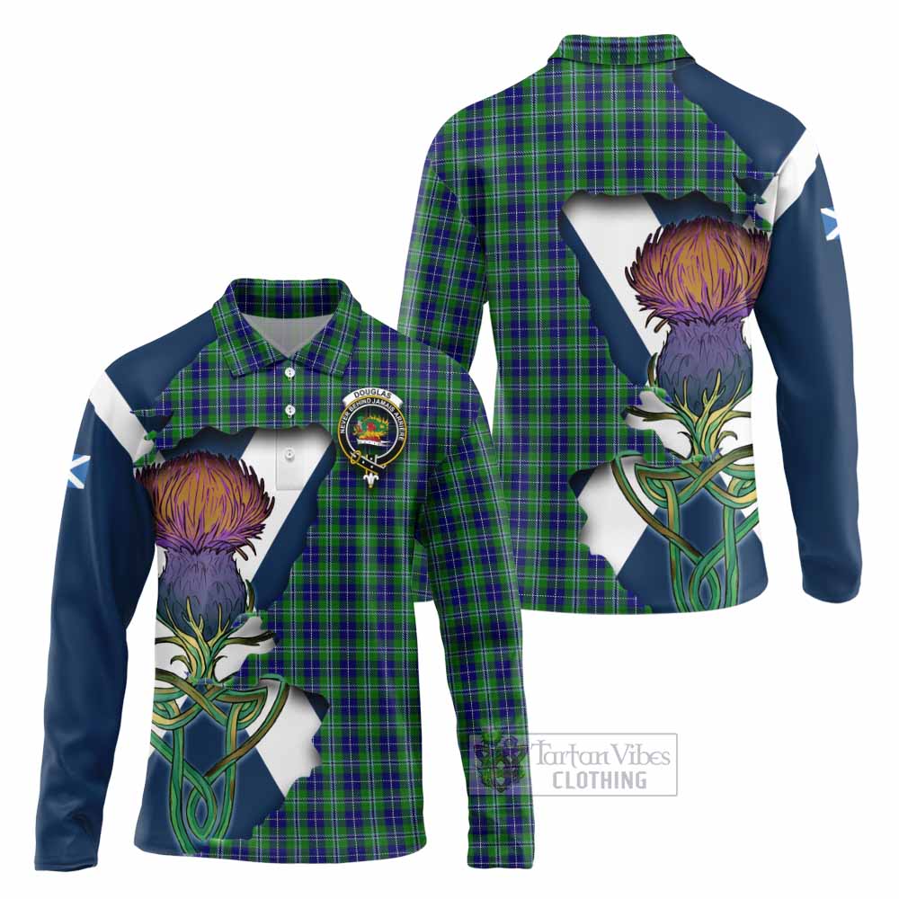 Tartan Vibes Clothing Douglas Tartan Family Crest Long Sleeve Polo Shirt Scottish Thistle Celtic Inspired