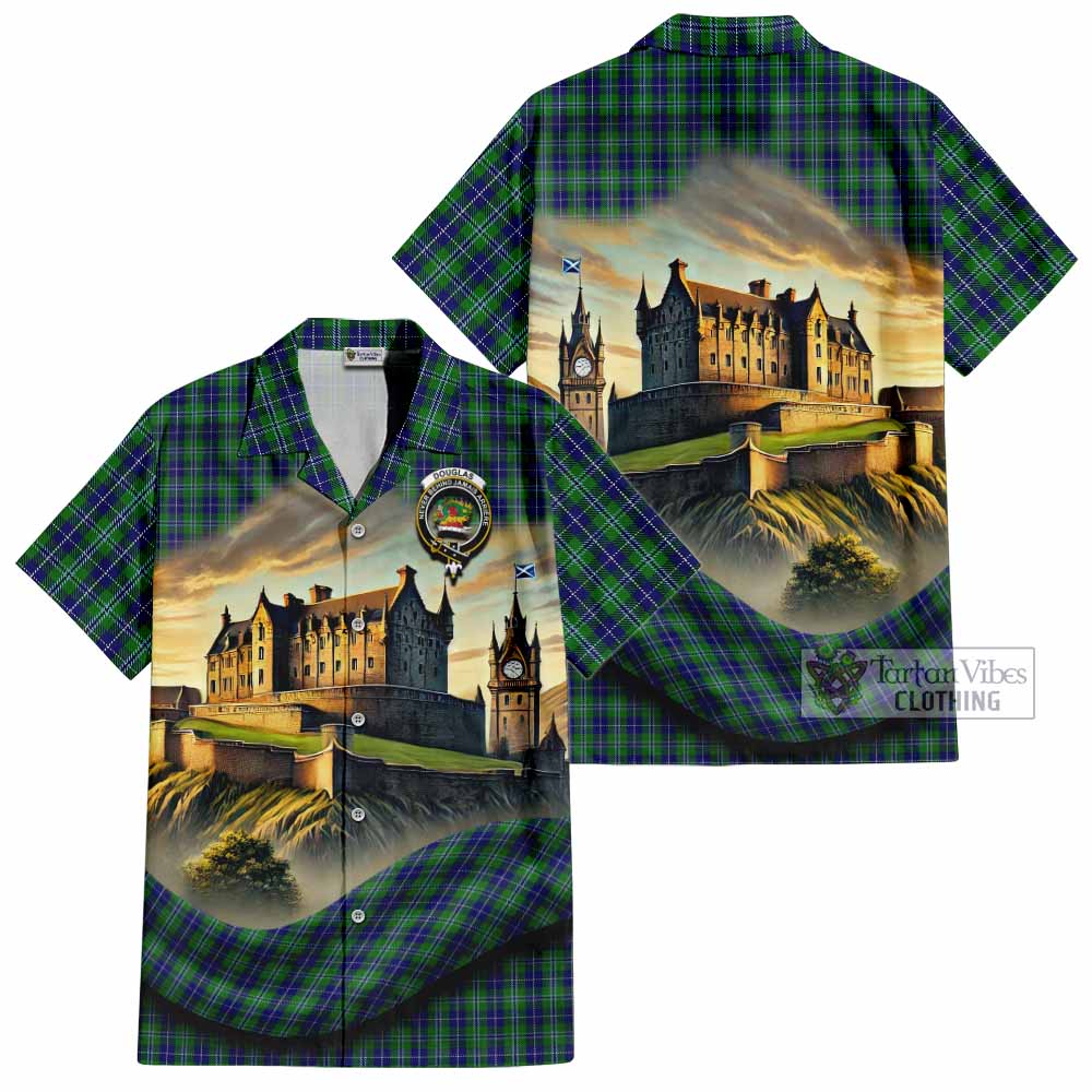 Tartan Vibes Clothing Douglas Tartan Family Crest Short Sleeve Button Shirt with Scottish Ancient Castle Style