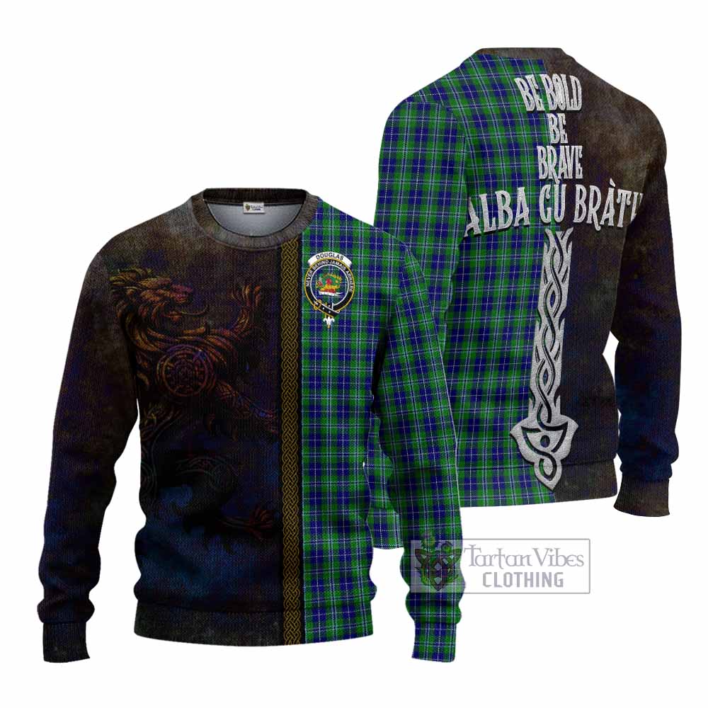 Tartan Vibes Clothing Douglas Tartan Family Crest Knitted Sweater Alba Gu Brath Be Brave Lion Ancient Style