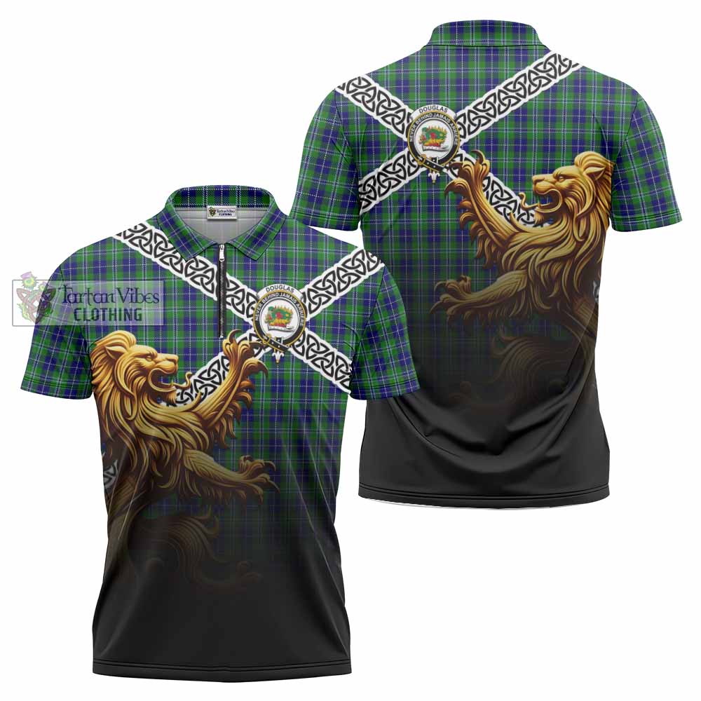 Tartan Vibes Clothing Douglas Crest Tartan Zipper Polo Shirt with Golden Lion Emblem Celtic Style