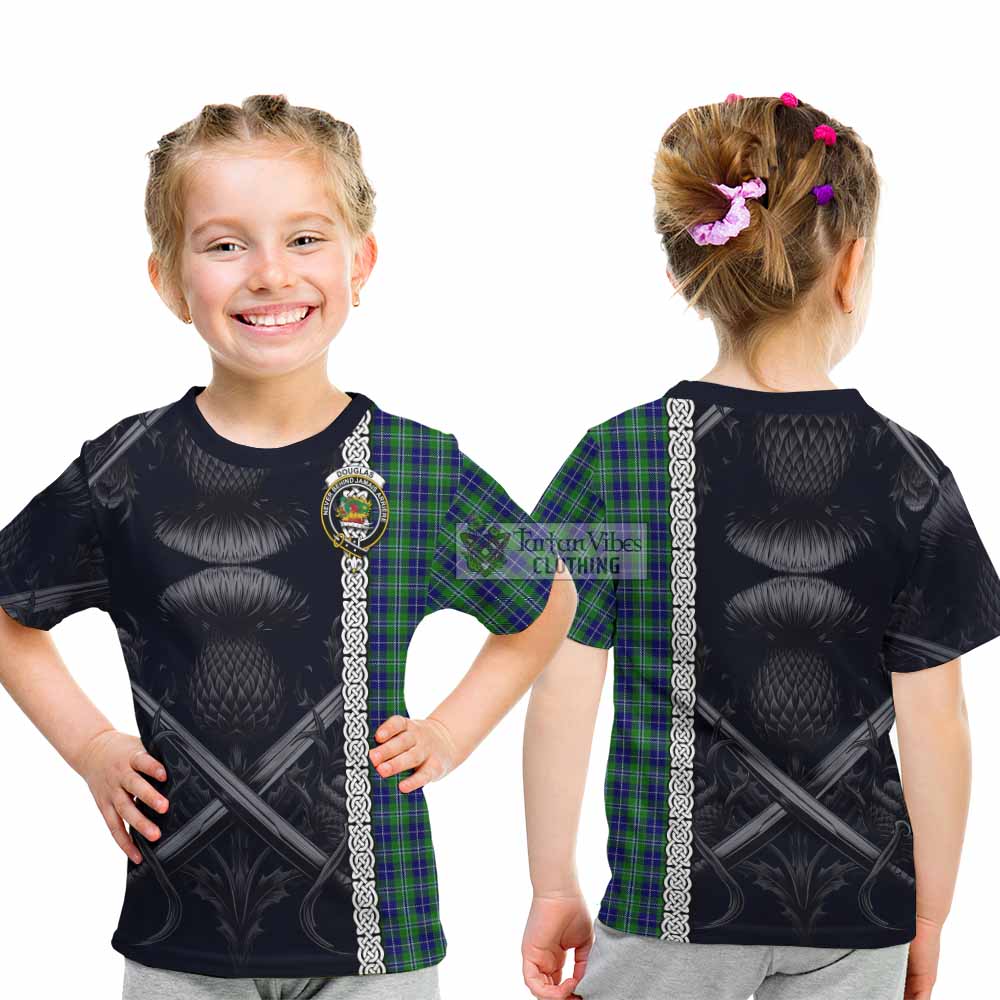 Tartan Vibes Clothing Douglas Tartan Kid T-Shirt with Family Crest Cross Sword Thistle Celtic Vibes