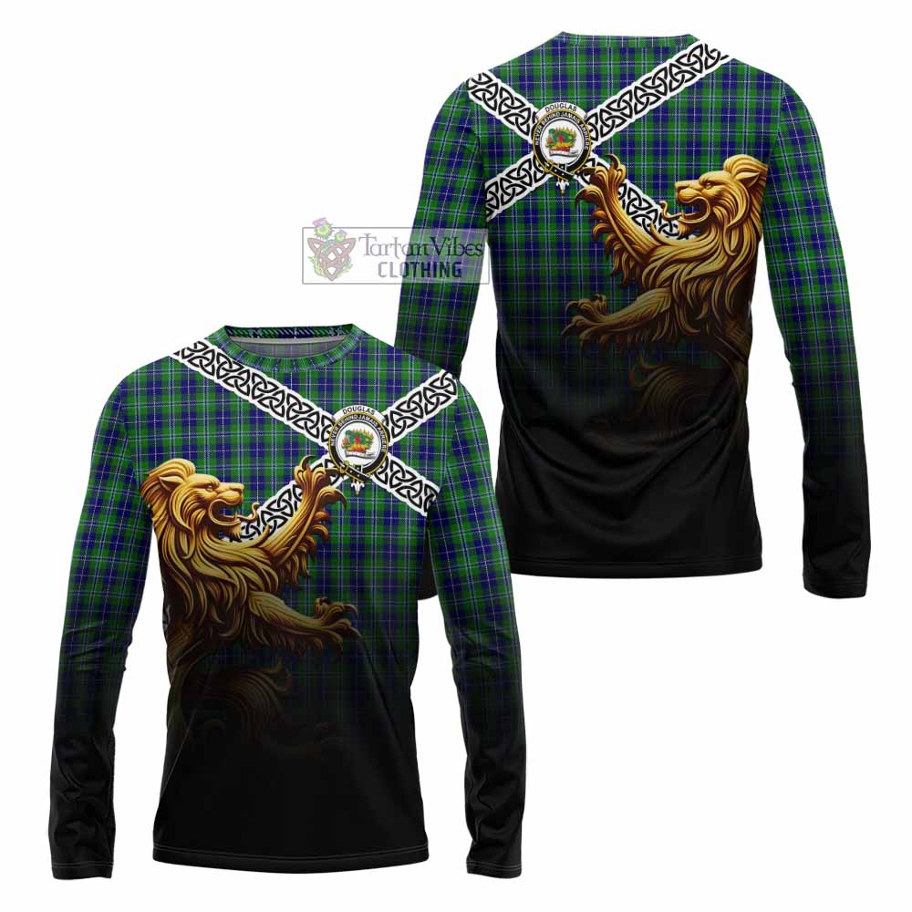Tartan Vibes Clothing Douglas Crest Tartan Long Sleeve T-Shirt with Golden Lion Emblem Celtic Style