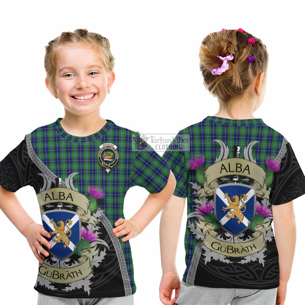 Tartan Vibes Clothing Douglas Tartan Family Crest Kid T-Shirt Lion Rampant Royal Thistle Shield Celtic Inspired