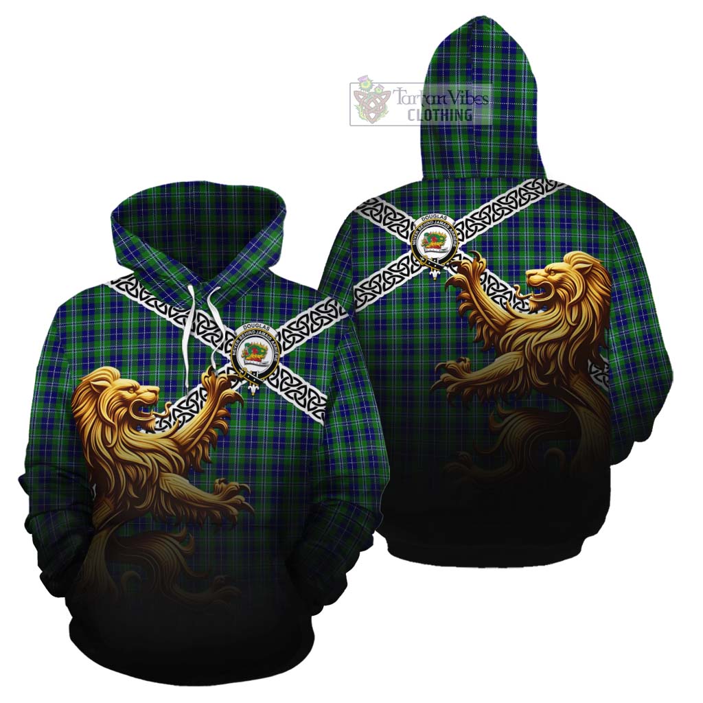 Tartan Vibes Clothing Douglas Crest Tartan Cotton Hoodie with Golden Lion Emblem Celtic Style