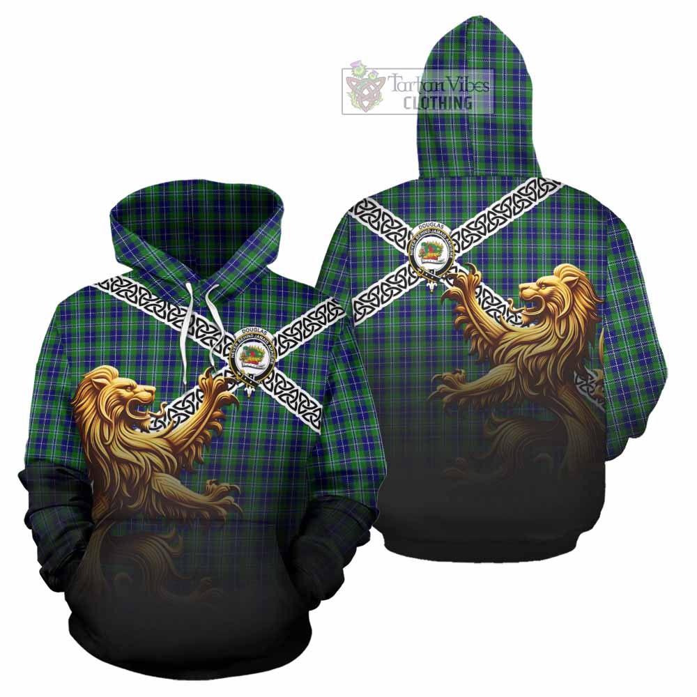 Tartan Vibes Clothing Douglas Crest Tartan Hoodie with Golden Lion Emblem Celtic Style