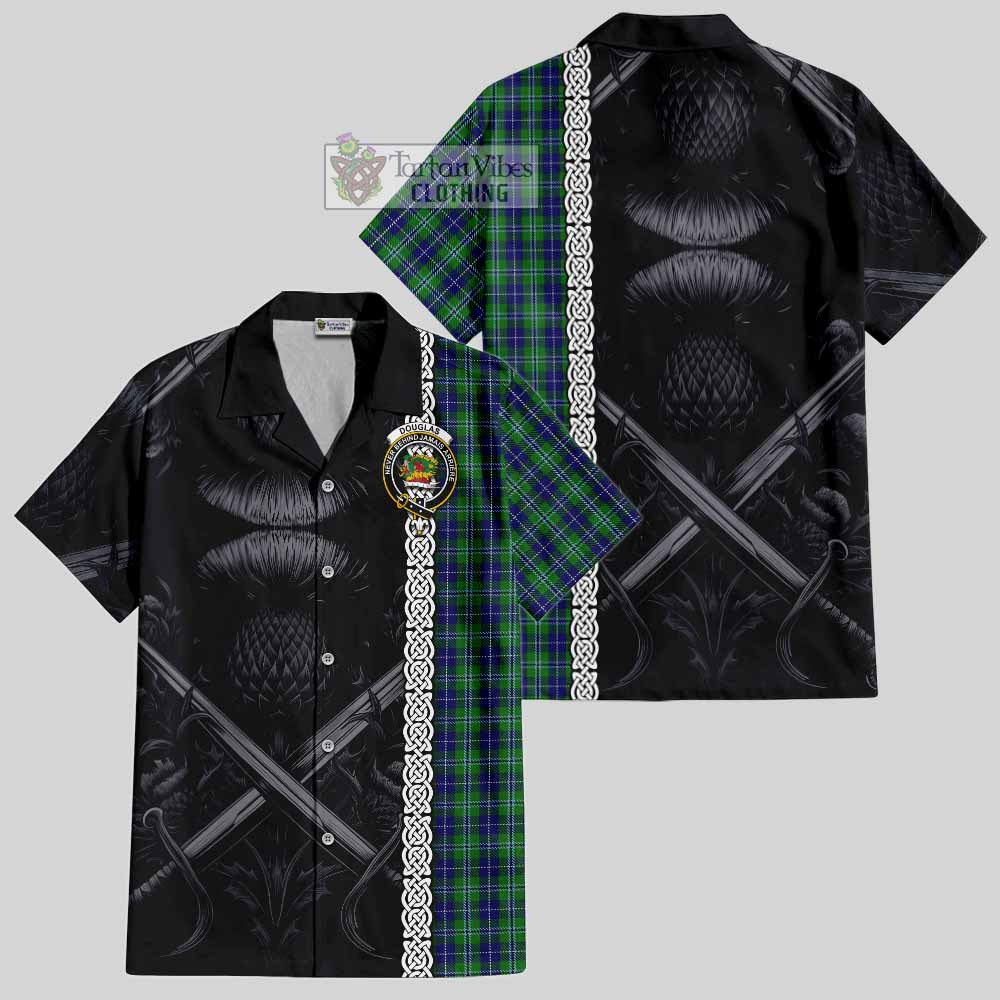 Tartan Vibes Clothing Douglas Tartan Short Sleeve Button Shirt with Family Crest Cross Sword Thistle Celtic Vibes