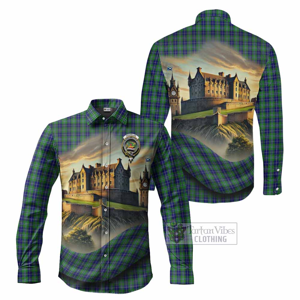 Tartan Vibes Clothing Douglas Tartan Family Crest Long Sleeve Button Shirt with Scottish Ancient Castle Style