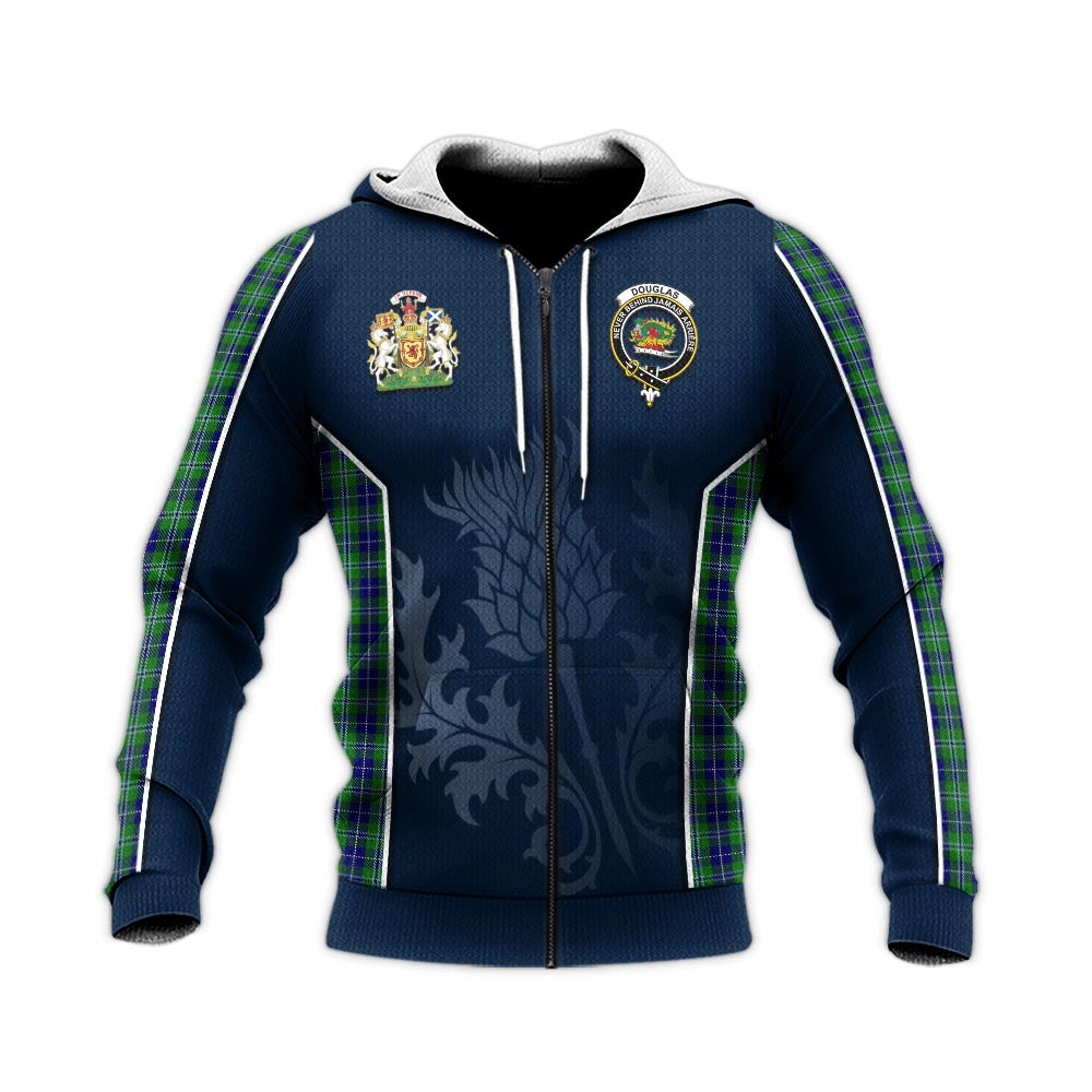 Tartan Vibes Clothing Douglas Tartan Knitted Hoodie with Family Crest and Scottish Thistle Vibes Sport Style