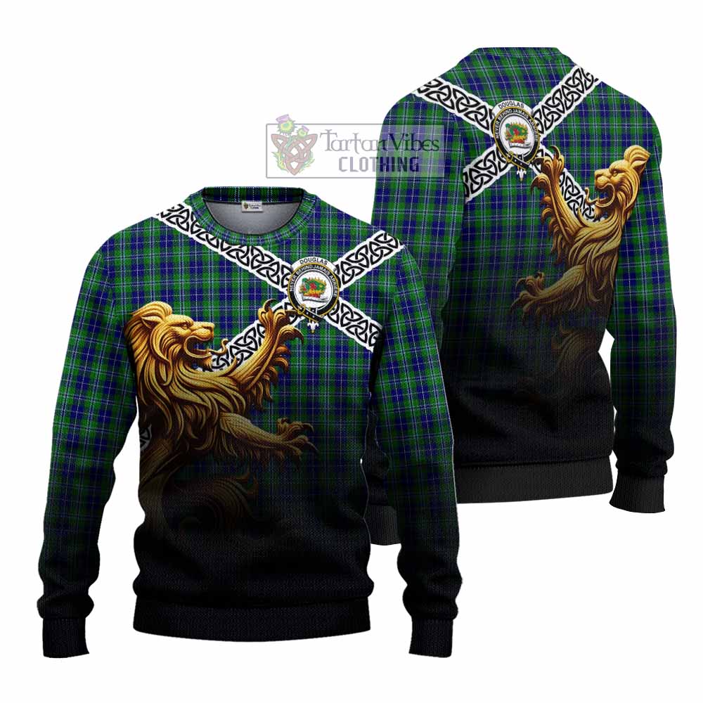 Tartan Vibes Clothing Douglas Crest Tartan Knitted Sweater with Golden Lion Emblem Celtic Style