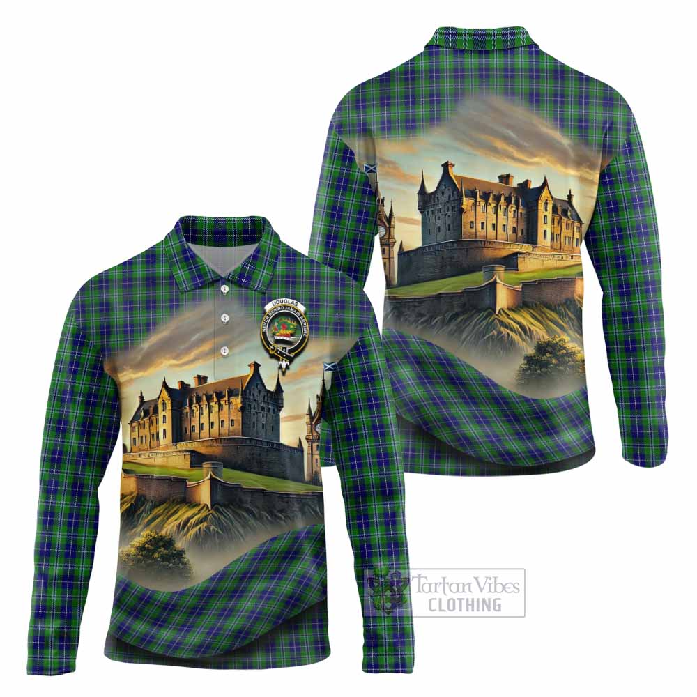 Tartan Vibes Clothing Douglas Tartan Family Crest Long Sleeve Polo Shirt with Scottish Ancient Castle Style
