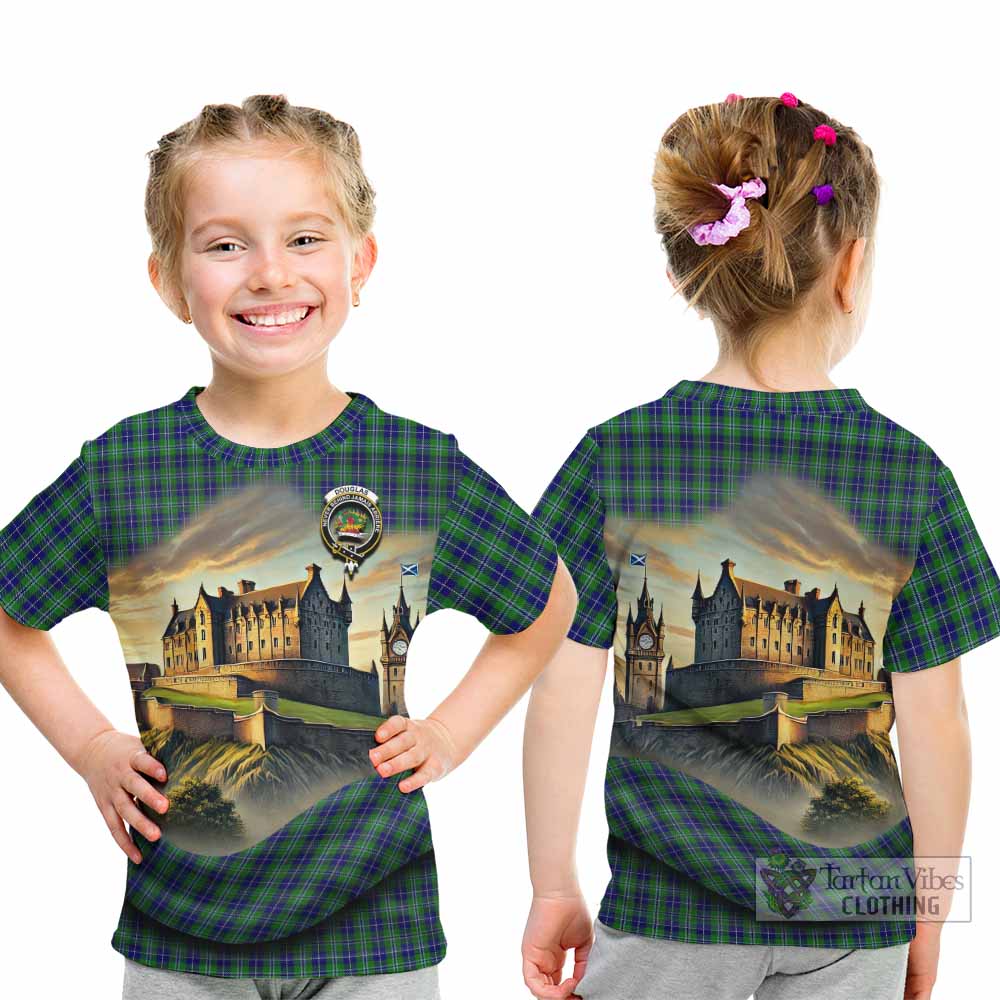 Tartan Vibes Clothing Douglas Tartan Family Crest Kid T-Shirt with Scottish Ancient Castle Style