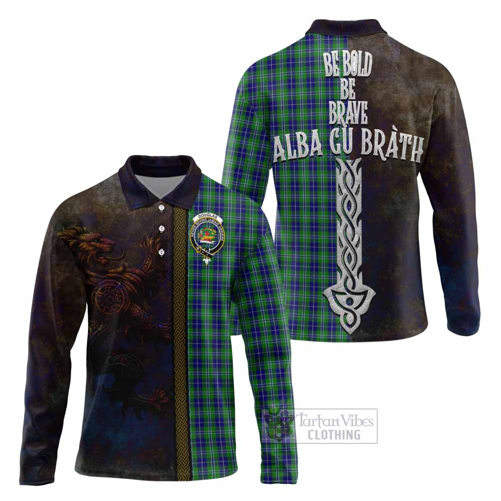Tartan Vibes Clothing Douglas Tartan Family Crest Long Sleeve Polo Shirt Alba Gu Brath Be Brave Lion Ancient Style