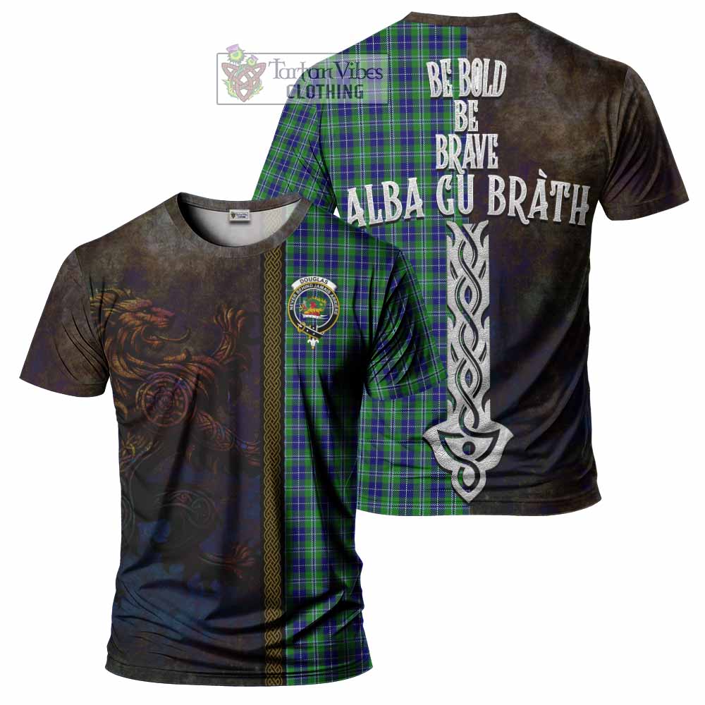 Tartan Vibes Clothing Douglas Tartan Family Crest T-Shirt Alba Gu Brath Be Brave Lion Ancient Style