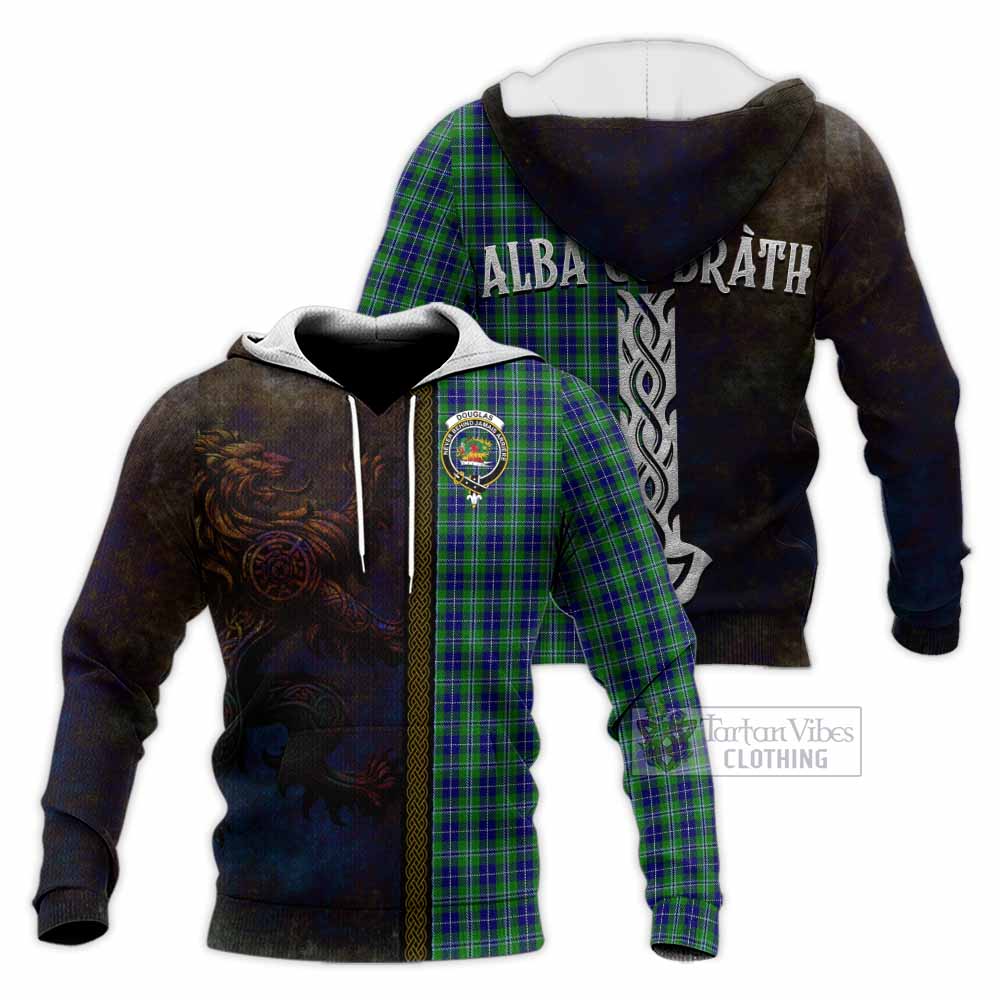 Tartan Vibes Clothing Douglas Tartan Family Crest Knitted Hoodie Alba Gu Brath Be Brave Lion Ancient Style