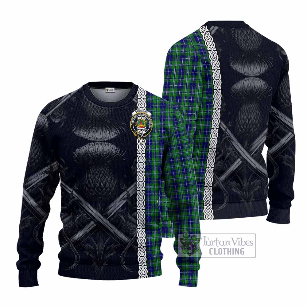 Tartan Vibes Clothing Douglas Tartan Knitted Sweater with Family Crest Cross Sword Thistle Celtic Vibes