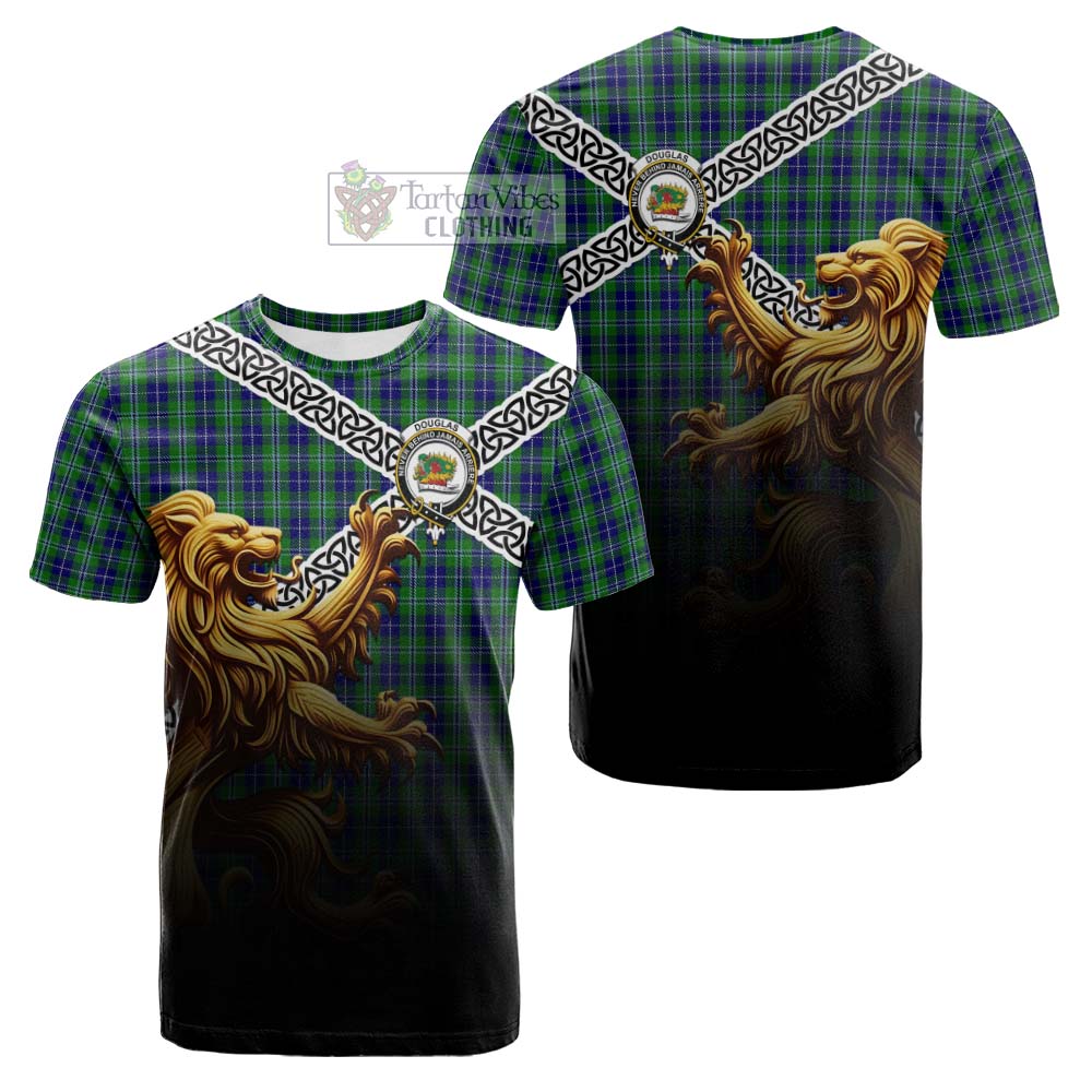 Tartan Vibes Clothing Douglas Crest Tartan Cotton T-shirt with Golden Lion Emblem Celtic Style