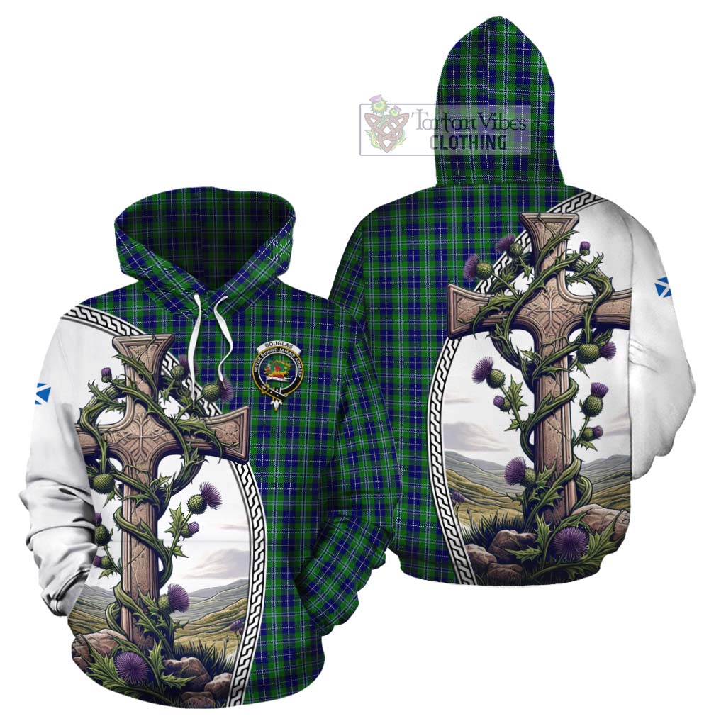 Tartan Vibes Clothing Douglas Tartan Cotton Hoodie with Family Crest and St. Andrew's Cross Accented by Thistle Vines