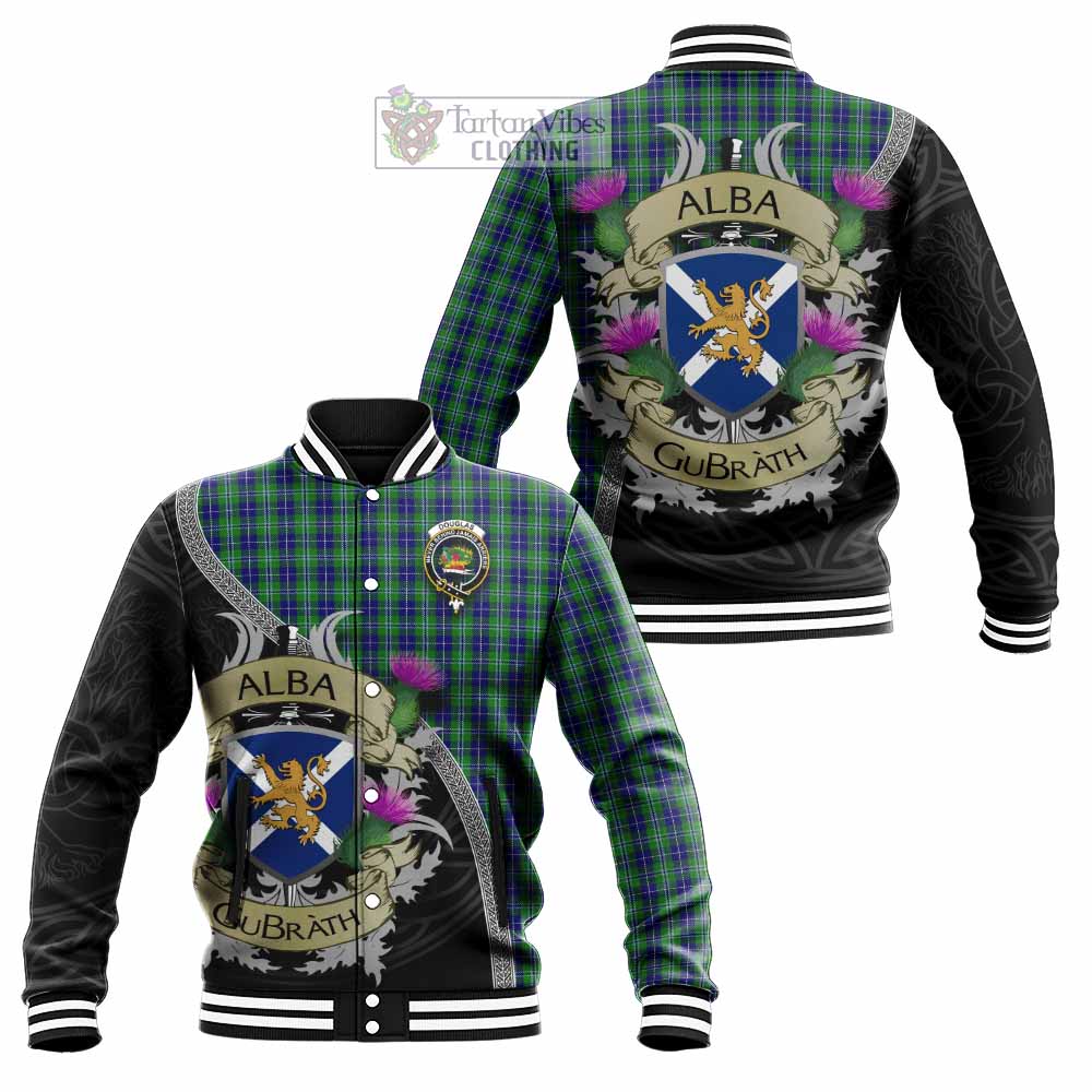 Tartan Vibes Clothing Douglas Tartan Family Crest Baseball Jacket Lion Rampant Royal Thistle Shield Celtic Inspired