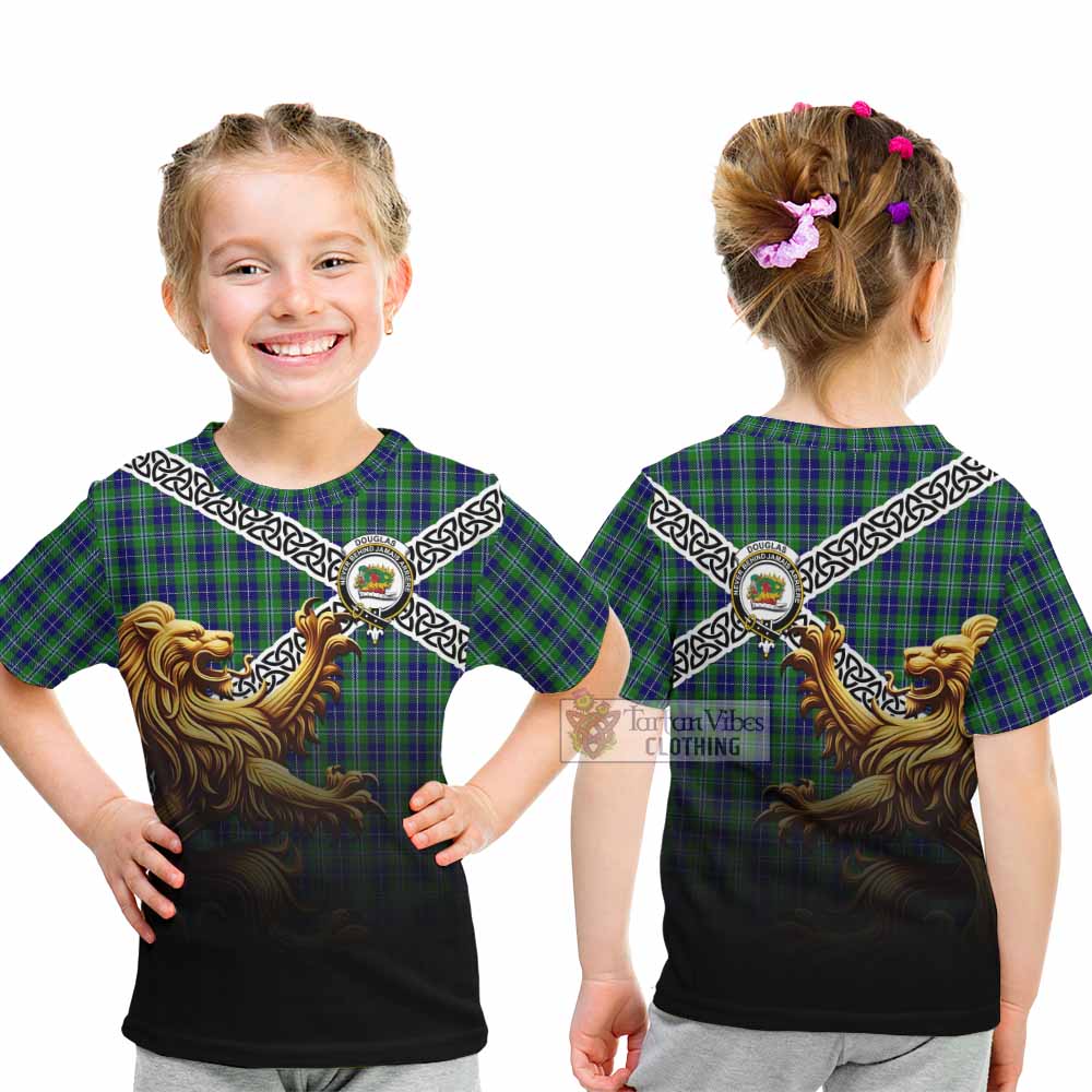 Tartan Vibes Clothing Douglas Crest Tartan Kid T-Shirt with Golden Lion Emblem Celtic Style