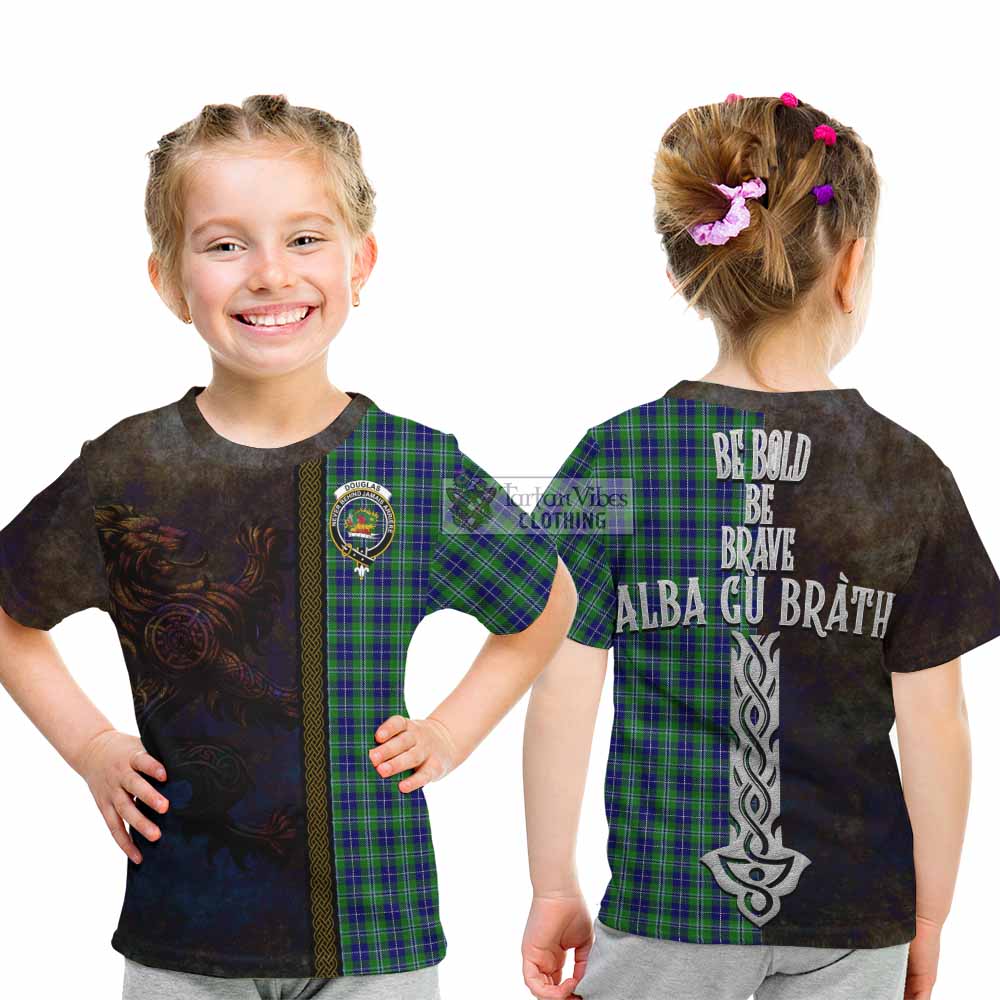 Tartan Vibes Clothing Douglas Tartan Family Crest Kid T-Shirt Alba Gu Brath Be Brave Lion Ancient Style