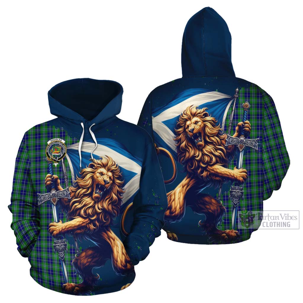 Tartan Vibes Clothing Douglas Tartan Family Crest Cotton Hoodie with Scottish Majestic Lion