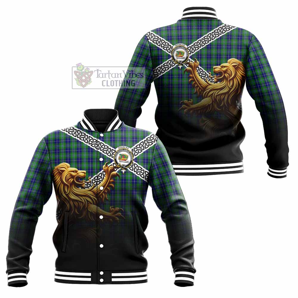 Tartan Vibes Clothing Douglas Crest Tartan Baseball Jacket with Golden Lion Emblem Celtic Style