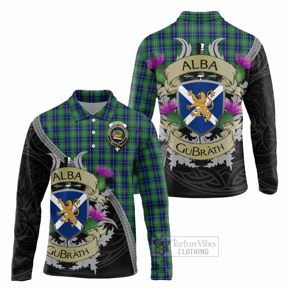Tartan Vibes Clothing Douglas Tartan Family Crest Long Sleeve Polo Shirt Lion Rampant Royal Thistle Shield Celtic Inspired
