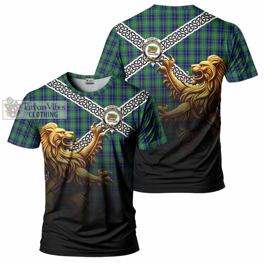 Tartan Vibes Clothing Douglas Crest Tartan T-Shirt with Golden Lion Emblem Celtic Style