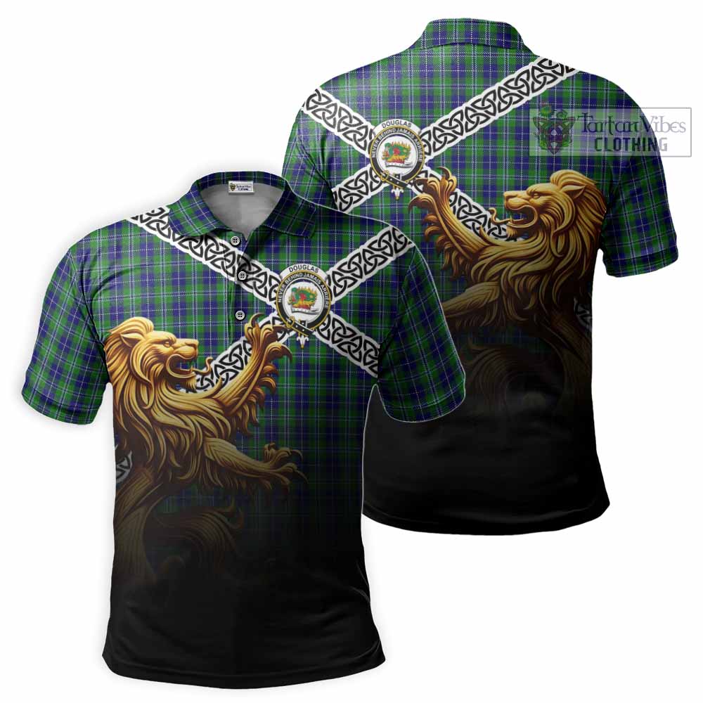 Tartan Vibes Clothing Douglas Crest Tartan Polo Shirt with Golden Lion Emblem Celtic Style