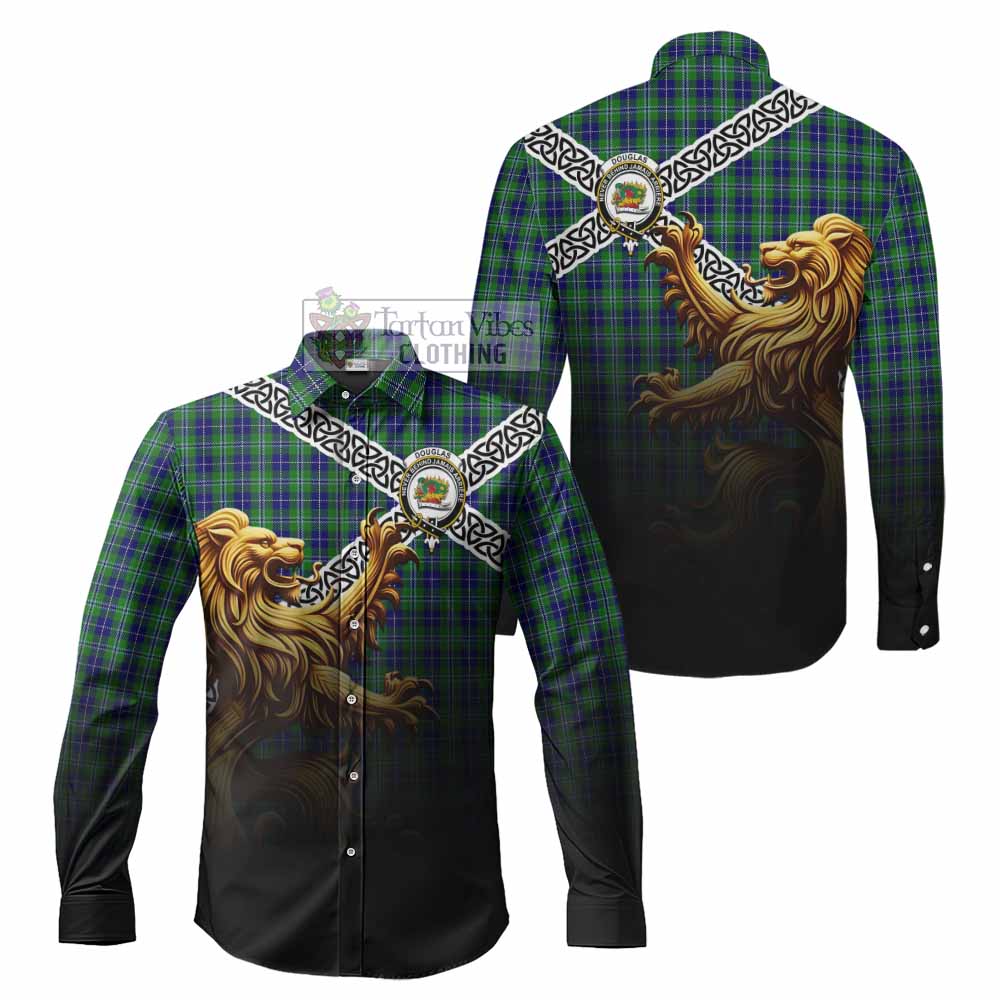 Tartan Vibes Clothing Douglas Crest Tartan Long Sleeve Button Shirt with Golden Lion Emblem Celtic Style