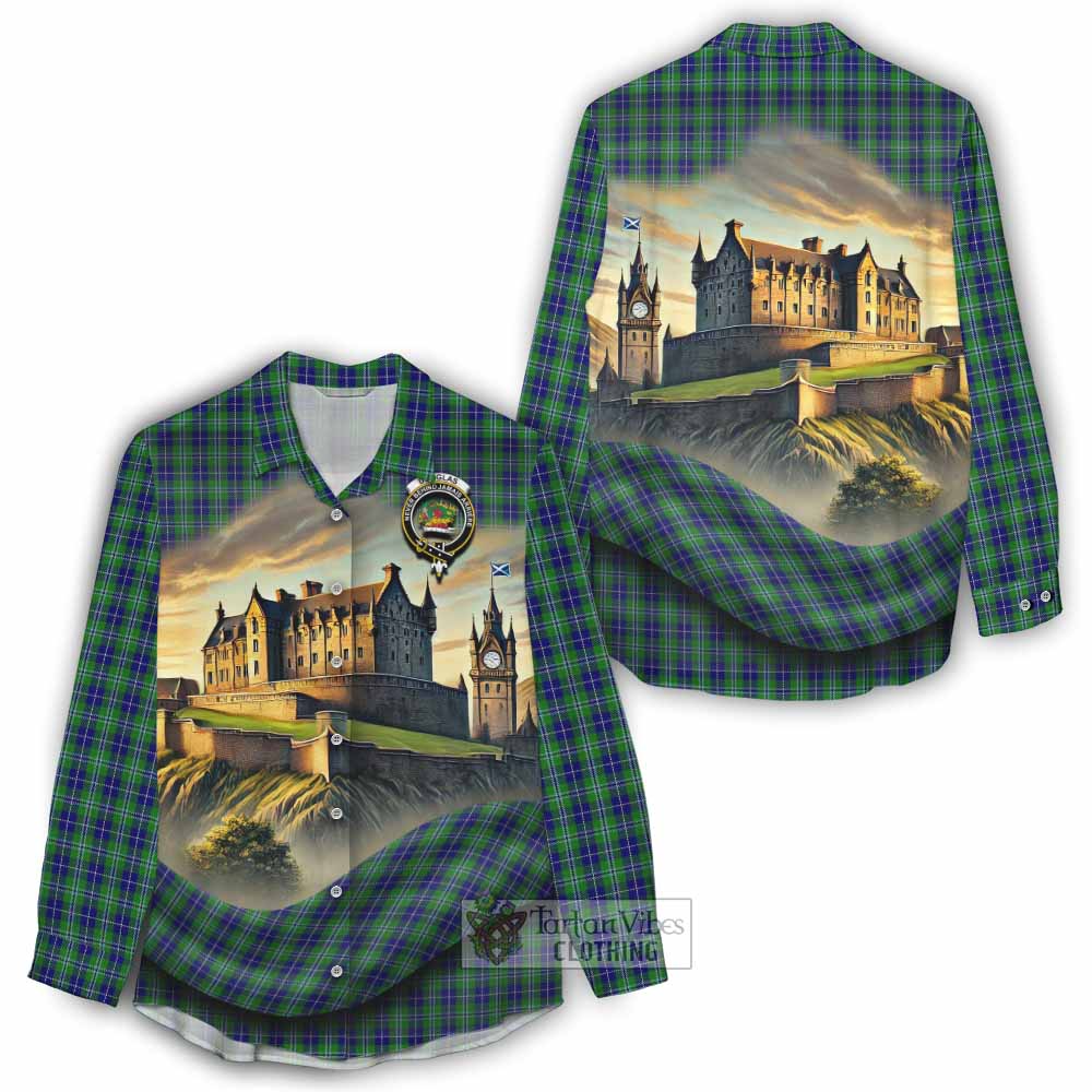 Tartan Vibes Clothing Douglas Tartan Family Crest Women's Casual Shirt with Scottish Ancient Castle Style