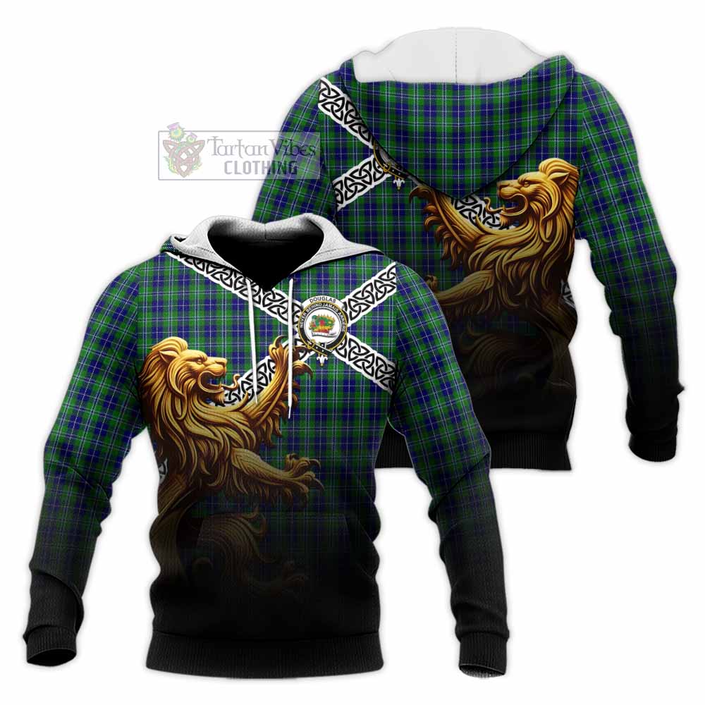 Tartan Vibes Clothing Douglas Crest Tartan Knitted Hoodie with Golden Lion Emblem Celtic Style