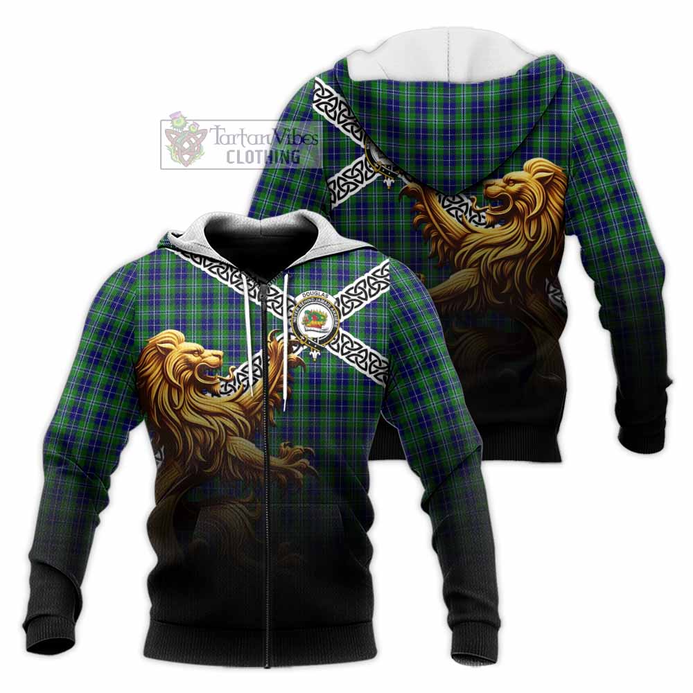 Tartan Vibes Clothing Douglas Crest Tartan Knitted Hoodie with Golden Lion Emblem Celtic Style