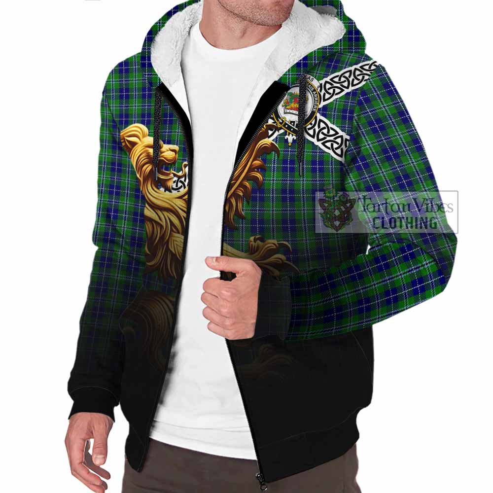 Tartan Vibes Clothing Douglas Crest Tartan Sherpa Hoodie with Golden Lion Emblem Celtic Style