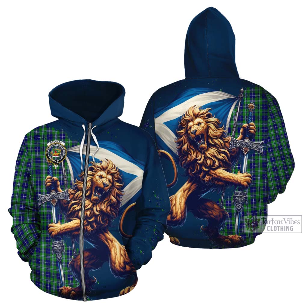 Tartan Vibes Clothing Douglas Tartan Family Crest Cotton Hoodie with Scottish Majestic Lion