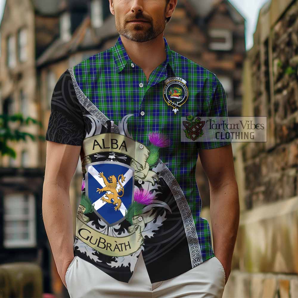 Tartan Vibes Clothing Douglas Tartan Family Crest Short Sleeve Button Shirt Lion Rampant Royal Thistle Shield Celtic Inspired