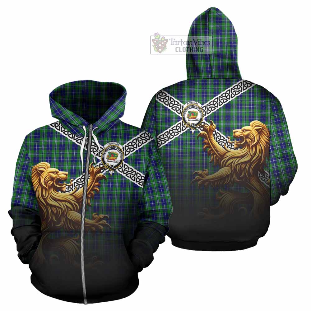 Tartan Vibes Clothing Douglas Crest Tartan Hoodie with Golden Lion Emblem Celtic Style