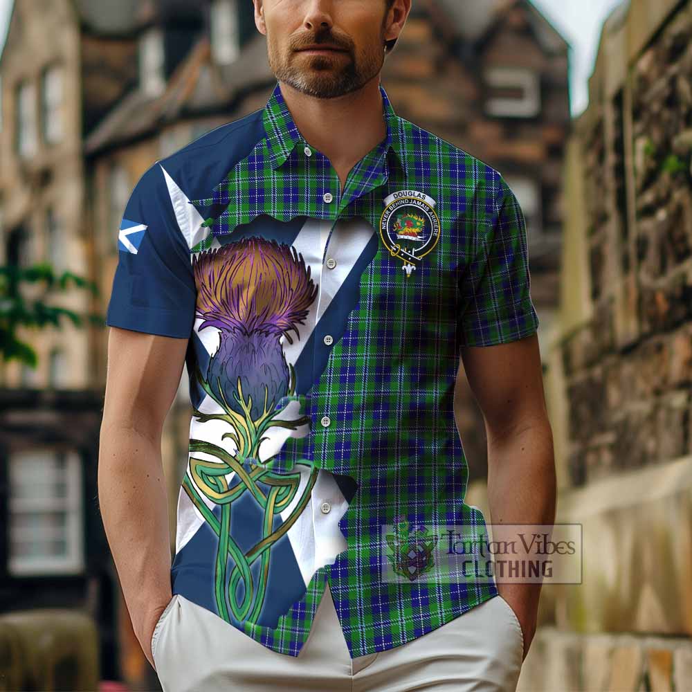 Tartan Vibes Clothing Douglas Tartan Family Crest Short Sleeve Button Shirt Scottish Thistle Celtic Inspired