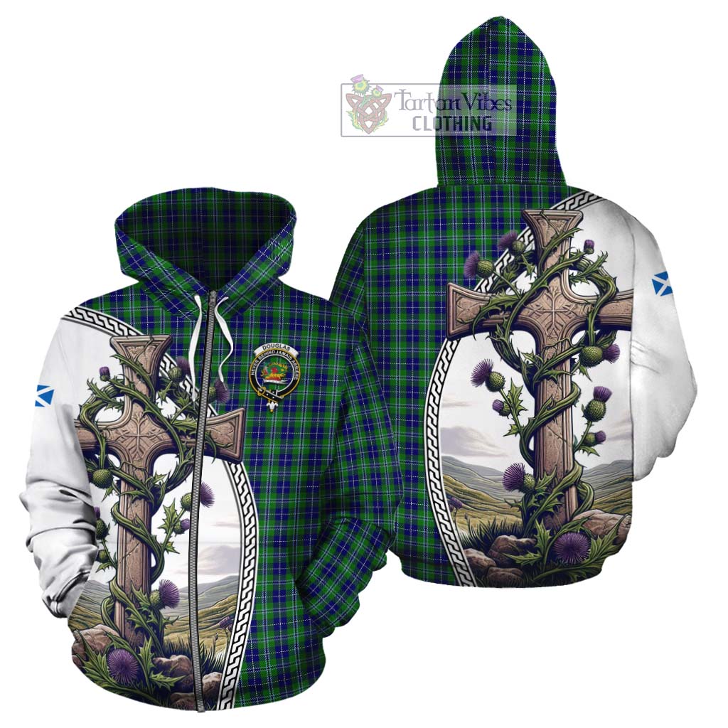 Tartan Vibes Clothing Douglas Tartan Cotton Hoodie with Family Crest and St. Andrew's Cross Accented by Thistle Vines