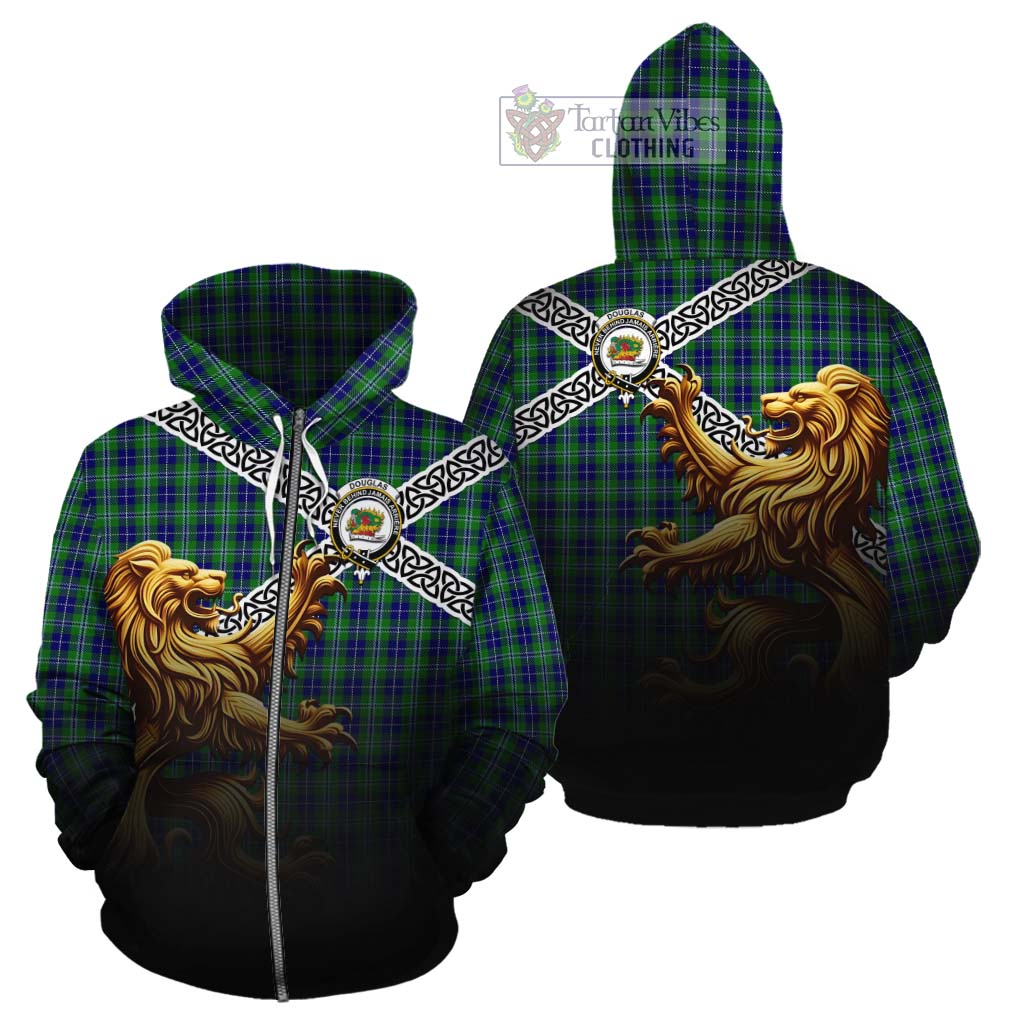 Tartan Vibes Clothing Douglas Crest Tartan Cotton Hoodie with Golden Lion Emblem Celtic Style