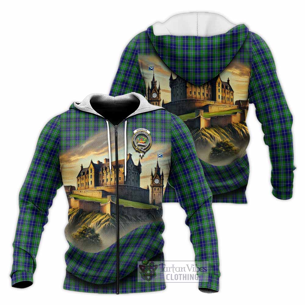 Tartan Vibes Clothing Douglas Tartan Family Crest Knitted Hoodie with Scottish Ancient Castle Style