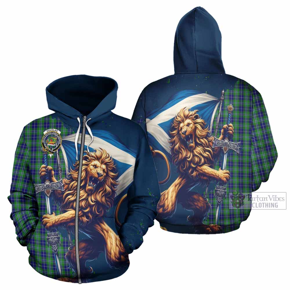 Douglas Tartan Family Crest Hoodie with Scottish Majestic Lion