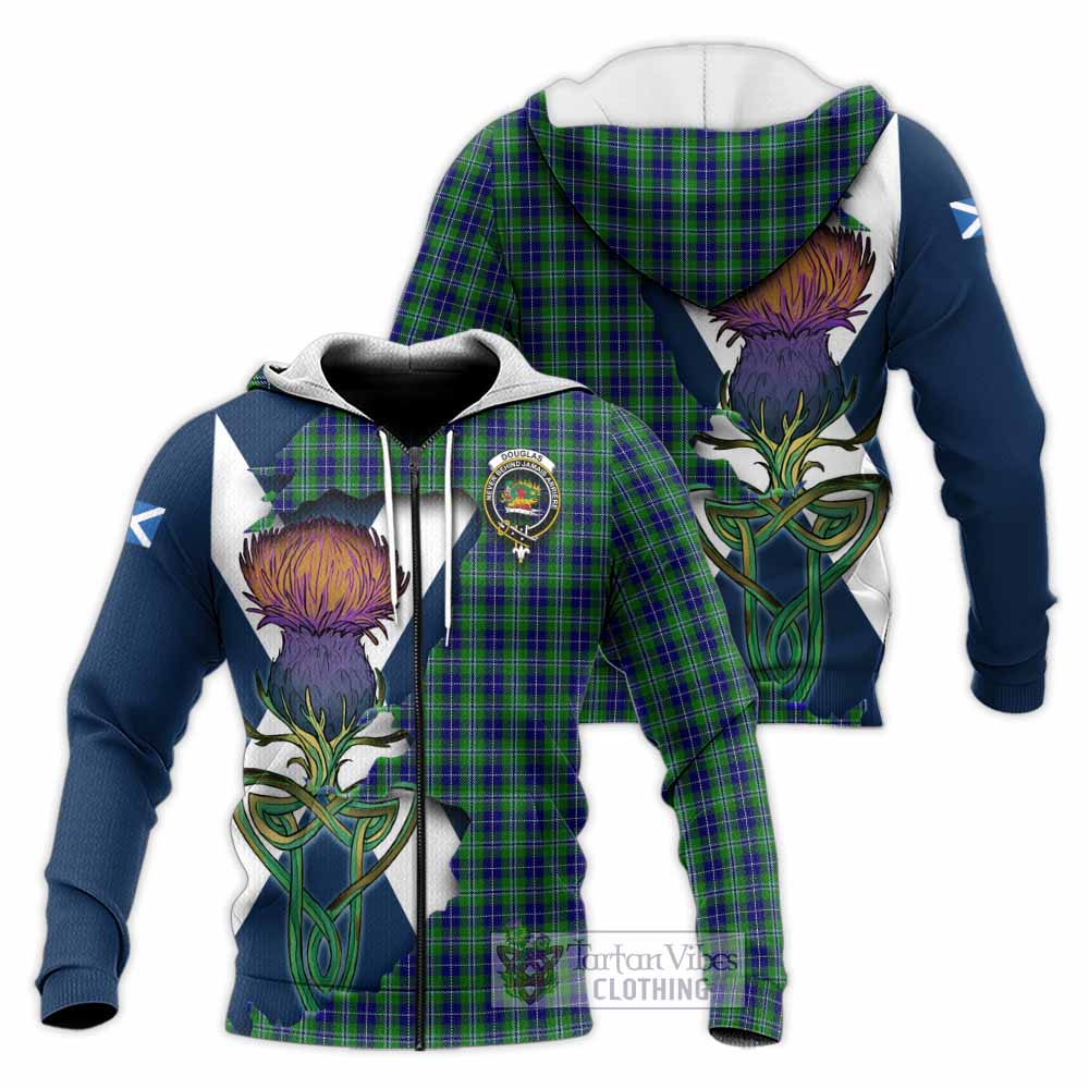 Tartan Vibes Clothing Douglas Tartan Family Crest Knitted Hoodie Scottish Thistle Celtic Inspired