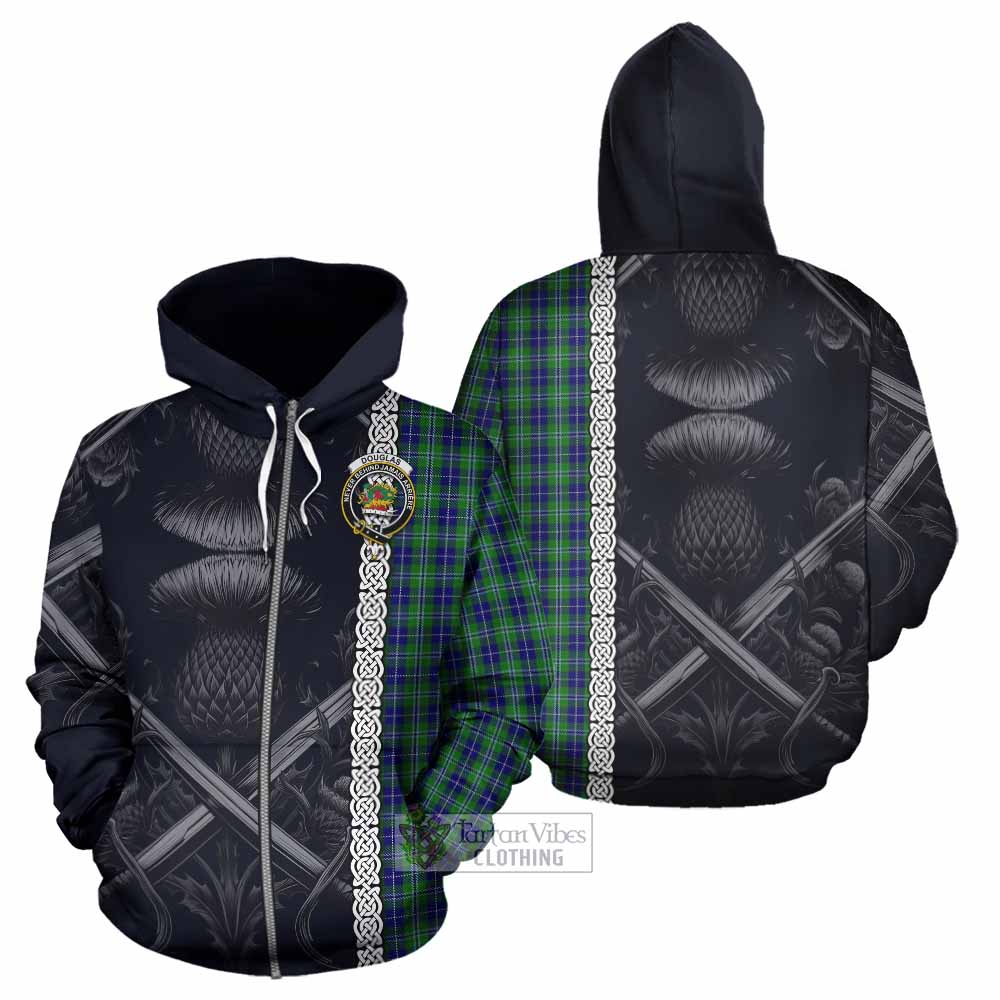 Tartan Vibes Clothing Douglas Tartan Hoodie with Family Crest Cross Sword Thistle Celtic Vibes