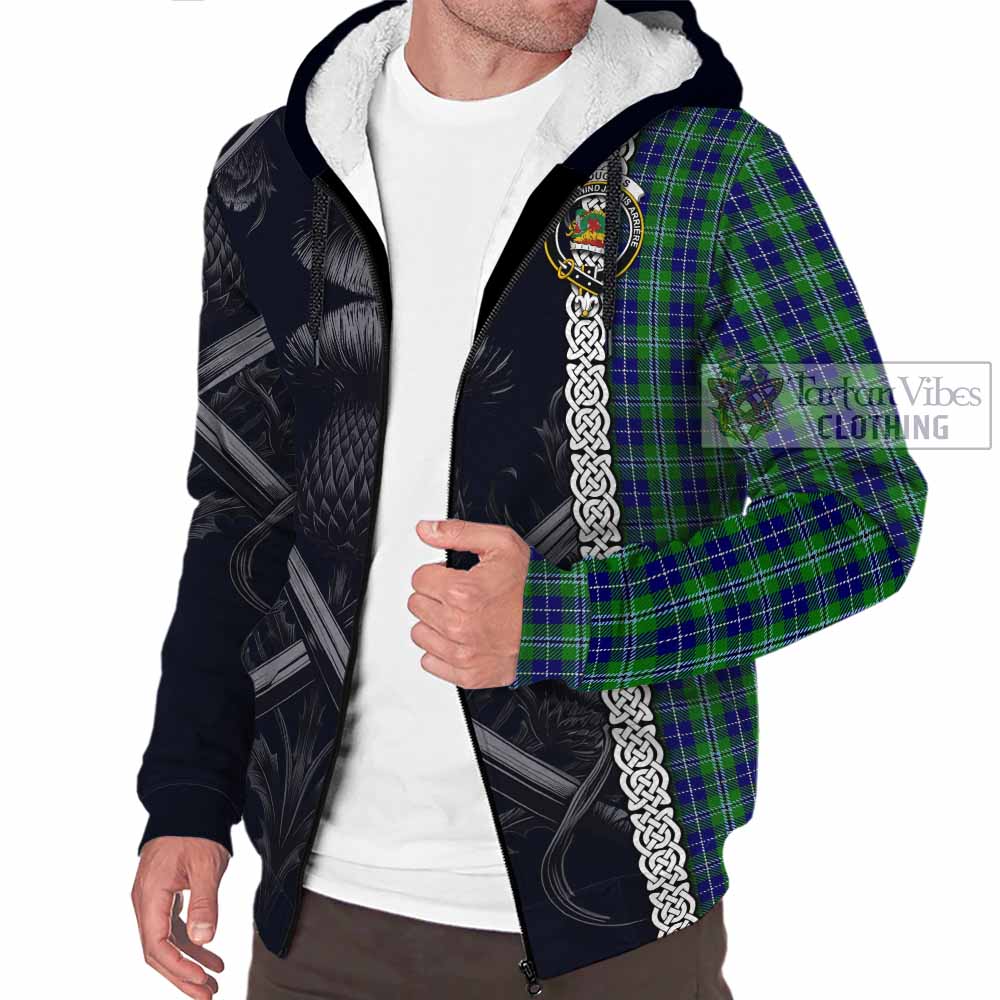 Tartan Vibes Clothing Douglas Tartan Sherpa Hoodie with Family Crest Cross Sword Thistle Celtic Vibes