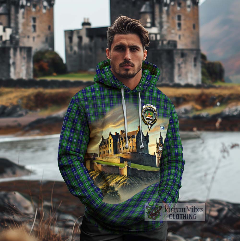 Tartan Vibes Clothing Douglas Tartan Family Crest Cotton Hoodie with Scottish Ancient Castle Style
