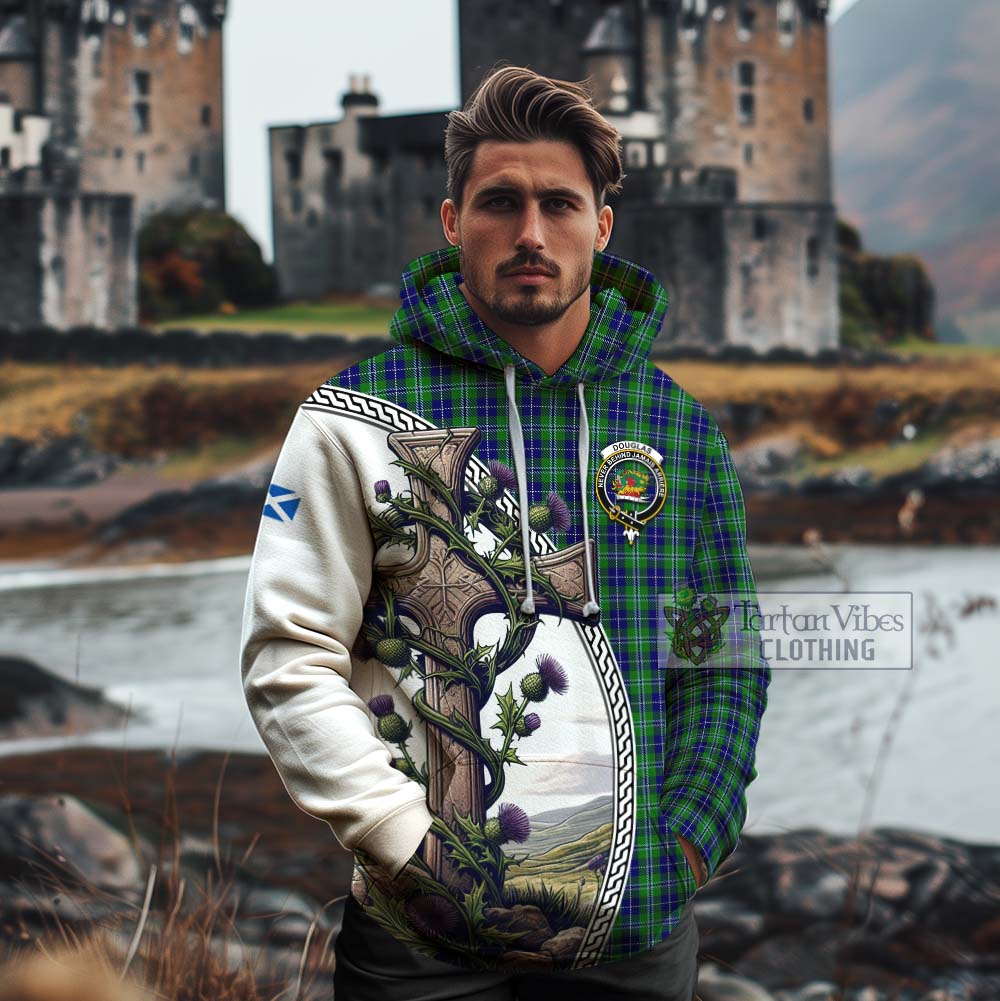 Tartan Vibes Clothing Douglas Tartan Cotton Hoodie with Family Crest and St. Andrew's Cross Accented by Thistle Vines